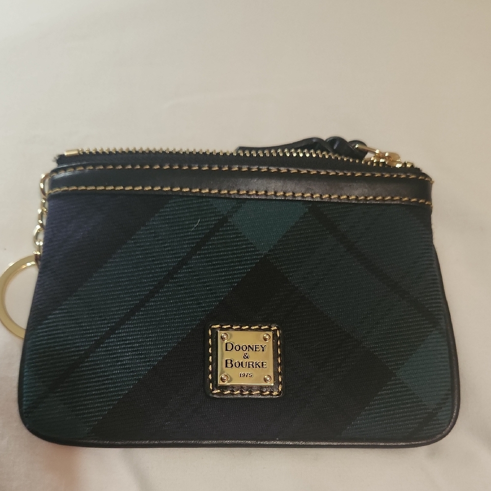 Dooney & Bourke Blue and Green Tartan Coin Purse with Gold Accents